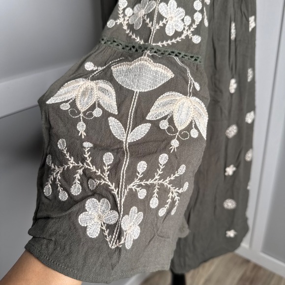 Entro Embroidered‎ Boho Peasant Dress Tassel Tie Olive Green | Size L - Picture 4 of 9